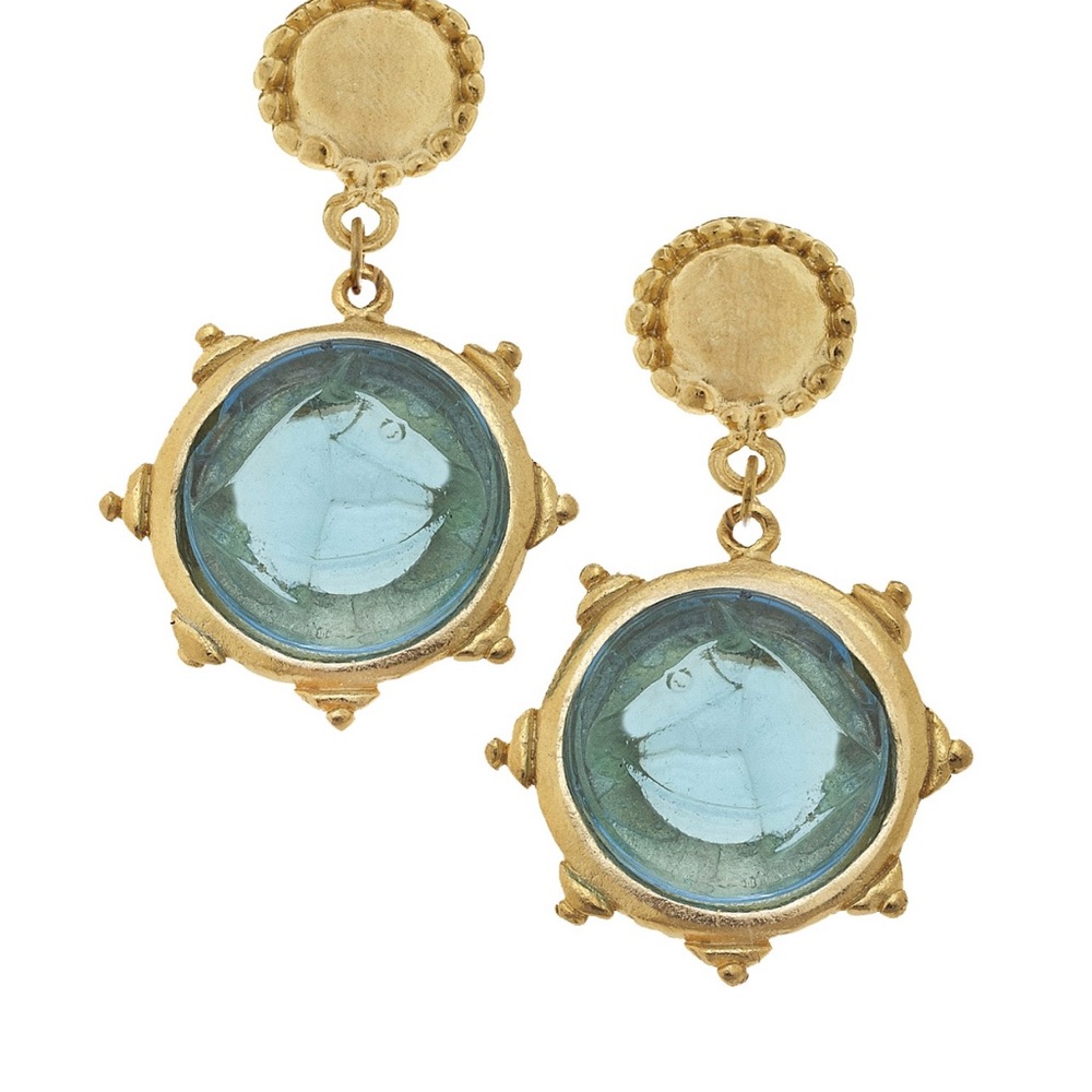 Equatrian horse Elegant Gold and Blue Drop Earrings Venetian glass